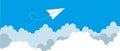 Blue sky with paper plane flying and clouds vector background. Creative carton border of clouds. Airy atmosphere stylish design.