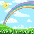 Blue sky, rainbow,sun and white clouds background, green grass and white flowers, vector illustration Royalty Free Stock Photo