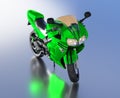 Blue Sky reflecting floor with a Front View of a Green Sport Motorbike Royalty Free Stock Photo