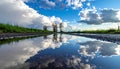 Blue Sky Reflection on Water Puddle with Trees and Lush Green Vegetation Royalty Free Stock Photo