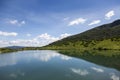 Blue sky reflection in the water surface of a mountain lake, Carpathians mountains Royalty Free Stock Photo