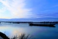 Blue sky river bridge and ship Royalty Free Stock Photo