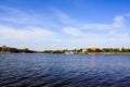 Blue sky, river and city on the shore