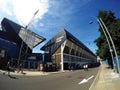 Blue sky with scattered white clouds above Portman Road, home of Ipswich Town Football Club