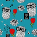 Blue sky seamless pattern with smart owls and beautiful red roses.