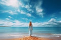 Blue sky seaside bright woman. Generate Ai