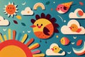 Blue sky with sun and clouds with cute birds cartoon style.generative Ai Royalty Free Stock Photo