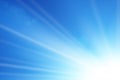 Blue sky sun flare background. Clear summer nature, sunlight weather. Sunshine glare rays, lens. Light sunny spring