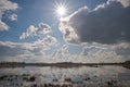 blue sky with sun and clouds reflecting in the water of a marsh in the flemish countryside Royalty Free Stock Photo