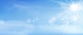 Blue sky with Sun shining on altostratus clouds,Vector Cartoon sky with fluffy cirrus cloud, Concept of seasonal horizon banner in