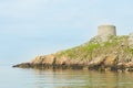 Blue sky and sunny day with Fort, Martello tower, Saint Begnet`s Church on Dalkey Island, County Dublin, Ireland.