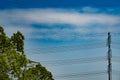 Blue sky on sunny day with high voltage electric power supply pole