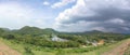 Blue sky with trees, clouds and mountains, sky background image, Panorama view Royalty Free Stock Photo