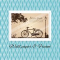 Blue sky wallpaper and in Antique Bicycle picture white frame Royalty Free Stock Photo