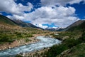 Blue sky white cloud snow mountain grassland river