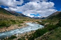 Blue sky white cloud snow mountain grassland river