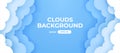 Blue sky with white clouds background. Border of clouds. Paper cut. Simple cartoon design. Banner, poster, flyer template. Flat