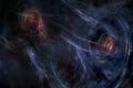 Fight between galaxies with futuristic black holes and lightning among the stars.