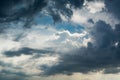Blue sky with white clouds and curly dark rain clouds. Sky background. Royalty Free Stock Photo