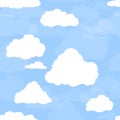 Blue sky with white clouds. Hand drawn seamless pattern. Vector illustration in cartoon style Royalty Free Stock Photo