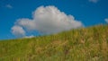 Blue sky, white clouds and hillside covered with flowers and herbs, rural landscape Royalty Free Stock Photo