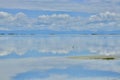 The blue sky and white clouds reflecting on the surface of Qinghai Lake