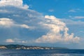 Blue sky with white clouds and seagull background Royalty Free Stock Photo