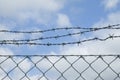 Mesh wire fence with barbwire on top Royalty Free Stock Photo