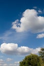 Blue sky, white clouds and the tops of trees on a day Royalty Free Stock Photo