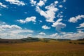 Blue sky with white clouds, trees, fields and meadows with green grass, against the mountains. Composition of nature. Rural summer Royalty Free Stock Photo