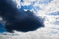 Blue sky with white cumulus clouds. A storm of rain is coming. Before the storm. Nature background. Wallpaper. Sunny