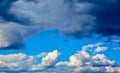 Blue sky with white cumulus clouds. A storm of rain is coming. Before the storm. Nature background. Wallpaper. Sunny weather