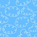 Blue sky with white curly swirl clouds. Hand drawn seamless pattern. Vector illustration in cartoon style