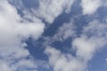 Blue sky with white silky clouds and a bird flying in the distance Royalty Free Stock Photo