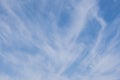 Blue sky with windy clouds. Natural background photo texture taken on sunny day. Cirrus type of clouds