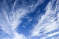 Blue sky with wispy clouds.