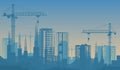 Blue Skyline With Modern Construction Site, Silhouettes Of Building With Scaffolds