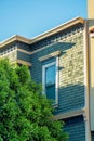 Blue slatted wood pannel house with white accent paint exterior with rain gutter and front yard tree in city Royalty Free Stock Photo