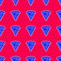 Blue Slice of pizza icon isolated seamless pattern on red background. Fast food menu. Vector Illustration Royalty Free Stock Photo