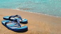 Blue slippers on the beach  on the sand Royalty Free Stock Photo