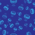 Blue Smart printer system icon isolated seamless pattern on blue background. Internet of things concept with wireless