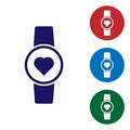 Blue Smart watch showing heart beat rate icon isolated on white background. Fitness App concept. Set icons in color Royalty Free Stock Photo