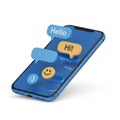 Blue Smartphone Displaying Chat Bubbles and Emoticons on a White Background Keywords: smartphone, mobile phone, cell phone, Royalty Free Stock Photo