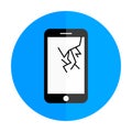 Blue smartphone icon with a crack on the display. Mobile phone black icon. Flat design