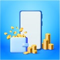 Blue smartphone screen, throws up golden coins and blue wallet, flying coins. Online business marketing. Financial