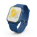 Blue smartwatch displaying a map with a location pin isolated on white background Royalty Free Stock Photo