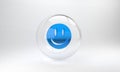 Blue Smile face icon isolated on grey background. Smiling emoticon. Happy smiley chat symbol. Glass circle button. 3D Royalty Free Stock Photo