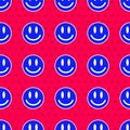 Blue Smile face icon isolated seamless pattern on red background. Smiling emoticon. Happy smiley chat symbol. Vector Royalty Free Stock Photo