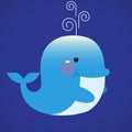 Blue smiling whale cartoon character with water fountain blow