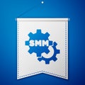 Blue SMM icon isolated on blue background. Social media marketing, analysis, advertising strategy development. White pennant